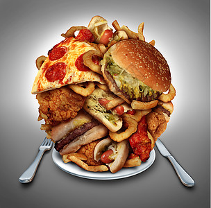 快餐饮食的个盘子上,座油腻的油炸餐厅,洋葱圈汉堡热狗,炸鸡,炸薯条比萨饼,个象征,强制暴饮暴食饮食图片