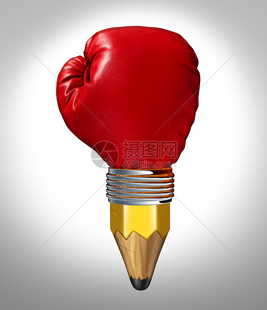 强大的理念创造的力量象征,支铅笔,形状像只红色的拳击手套,商业教育激进的创新思维图片