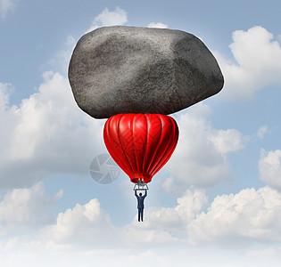 领导权力商业挑战的,个商人驾驶个红色热气球与个巨大的沉重的岩石减缓上升个障碍的职业财务成功图片