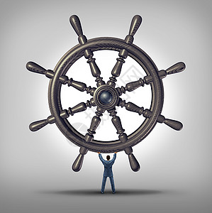 名商人,持辆船轮舵机控制指导未来成功的象征金融隐喻,掌握并改变了商业理念图片