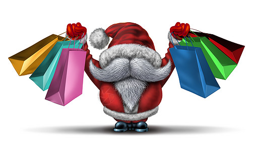诞购物狂欢个趣的诞老人条款,白色胡须红色雪服,持零售礼品袋为假日购买乐趣欢乐的冬季销售假日庆祝活动白色背景图片