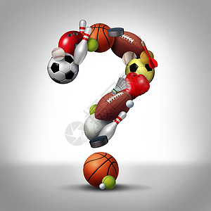 体育问题象征着足球篮球棒球足球网球羽毛球冰球问号的设备,选择健康娱乐活动休闲乐趣活动的个,供队个人为健图片
