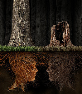 悲伤悲伤的,就像两棵树的根,形状像人类的头,棵死树森林里,损失的象征,并比喻灵哀悼个死的亲人图片
