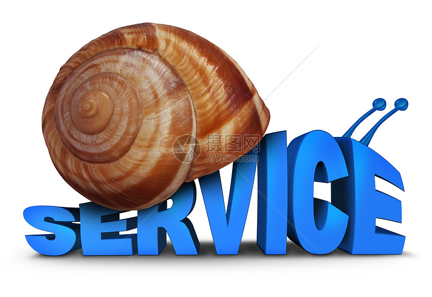 服务问题的三维文本,形状像蜗牛,外壳个符号,为糟糕的缓慢的客户关怀缺乏动机的白色背景图片