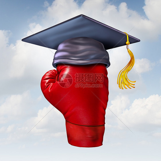教育理念的力量种红色拳击手套空中戴着毕业帽迫击炮板个强大的学训练成功的象征图片