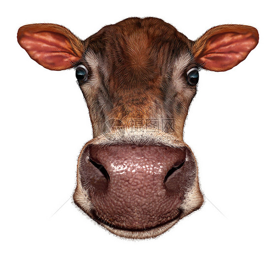 牛头白色的背景上种微笑的趣的奶牛场动物,正的角度,极端的视角,牲畜农业的象征图片
