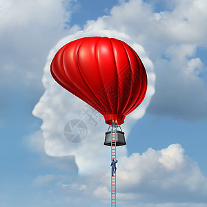 检查大脑医学商业愿望隐喻个人攀登下降个梯子个气球,形状为人脑,智能思维自由的象征图片