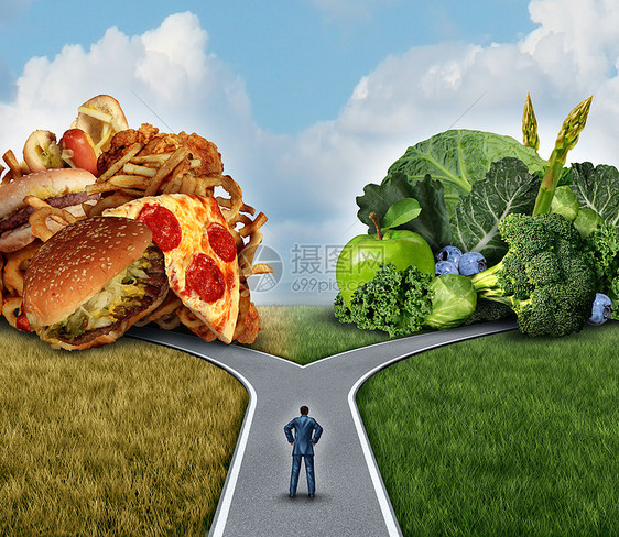 饮食决策营养选择两难的健康,好的新鲜水果蔬菜油腻的胆固醇丰富的快餐与个男人个十字路口试图决定什么最好的生活图片