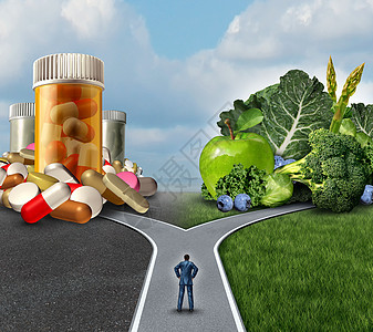 药物决策自然补救营养选择两难的健康新鲜水果蔬菜药物药丸处方药与个人个十字路口试图决定最佳的健康道路背景图片