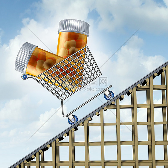 断上涨的药品成本药品保险价格的上涨,因为过山车轨道上的购物车中的处方药瓶更高的药品医疗费用股票价格的象征而上涨图片