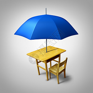 教育保护教学庇护所,个通用的学校课桌,伞保护提供学生安全的象征图片