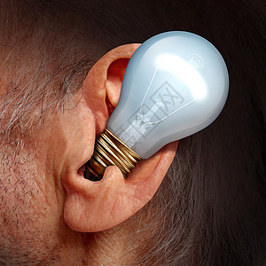 倾听思想,就像人类耳朵里的灯泡,倾听调整创造思想听取成功建议的象征图片