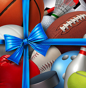 体育礼品体育设备,如足球篮球棒球曲棍球高尔夫等,用丝带蝴蝶结包裹,体育节日的象征,以促进运动健身图片