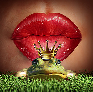 爱情匹配寻找白马王子右先生的红色的女嘴唇准备亲吻青蛙王子戴着皇冠寻找浪漫关系线约会的象征图片
