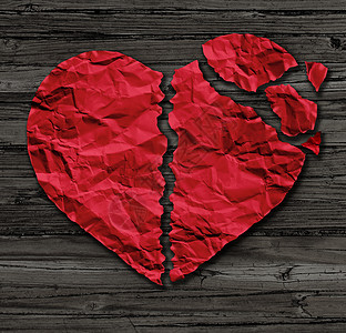 破碎的心破碎的,个分离离婚的图标,红色皱巴巴的纸,形状像种撕裂的爱乡村的老木材,也个象征医疗心血管保健问题,图片