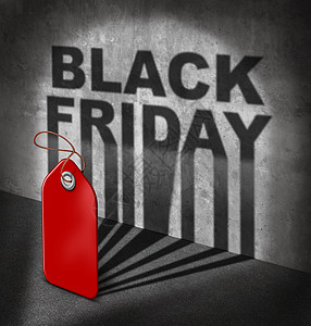 优惠券黑色星期五销售,个红色的价格标签,墙上投下阴影,文字象征,以庆祝节日开始购物,零售商店低价提供折扣购买机会背景