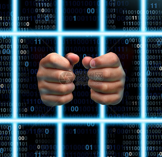 技术监狱网络成瘾受害者的,如人手着虚拟监狱的酒吧,由计算机激光与数字进制代码图片