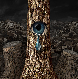 母亲自然哭泣的,个背景的切碎的木材切割树干与棵幸存的树,睁着眼睛,哭着眼泪滴,个比喻失败的保护图片