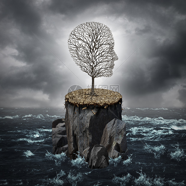 失败危机的失的商业生涯教育机会比喻为棵垂死的树,形状像个人的头独自岩石悬崖上,干涸的地被海洋包围图片