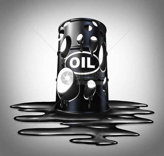 石油崩溃行业的,桶装满原油的桶,液体洒地板上,能源价格下跌的商业隐喻图片