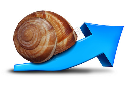 缓慢的商业增长金融符号蓝色的三维箭头,被塑造成蜗牛的,缓慢的利润增长经济缓慢复苏图片
