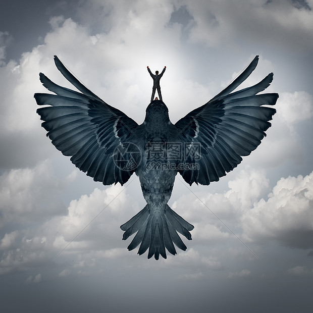 成功自由商业个人骑着只张开的翅膀向上飞翔实现职业目标领导愿景的