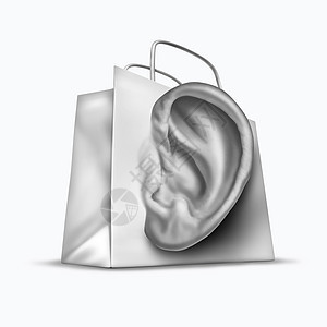 客户调查个购物袋,塑造为个人的耳朵,零售商业象征,倾听消费者的需求企业沟通的白色背景图片