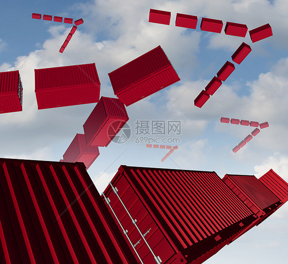 货物空运红色运输集装箱,以鸟群的形式来,向新市场出口进口,货物管理分配的标志图片