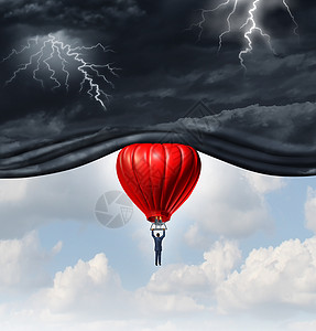 积极的前景恢复,个人商人乘坐红色热气球,提升危险的黑暗风暴天空,以揭示明亮温暖的蓝天,管理经济情感感知的心态图片
