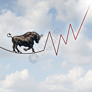 牛市风险金融只沉重的看涨野兽,走条高钢索上,形状为股票市场盈利图表,代表着未来的投资危险图片