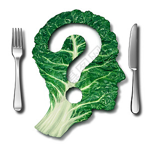 健康饮食问题绿色饮食种多叶蔬菜,形状为问号,象征良好的高纤维保健食品,白色的晚餐场所进食自然营养信息图片