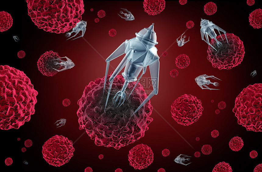 纳米技术医学的微型纳米机器人纳米机器人,种未来的保健治疗符号,用于死癌细胞人类疾病图片