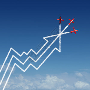 财务业绩度报告业务空中表演杂技喷气式飞机,创造了个烟雾模式,形状为财务图表利润图表与向上箭头公司愿景的成功图片