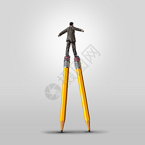 创造的技能,个聪明的商人平衡高铅笔高跷附着他的腿上,的领导想象力创新的解决方案的想法图片