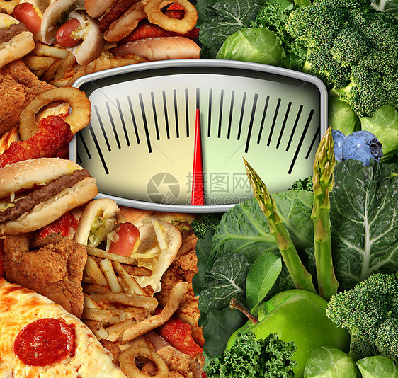 节食选择体重秤边健康的垃圾食品,另半健康的水果蔬菜,健身营养饮食的决定符号图片