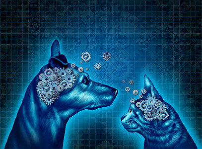 宠物心理学,理解与宠物交流,如狗猫,齿轮齿轮形状为动物大脑,宠物行为训练家畜心理健康的医学隐喻象征图片