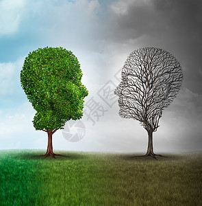 人的情绪情感障碍棵树,形状为两张人脸,半充满叶子,另边空枝,心理比的医学隐喻图片