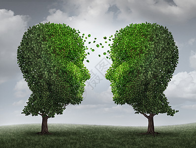 沟通成长种断增长的伙伴关系队合作交流,商业中与两棵树以人的头的形状天空上进行交流,树叶张脸另张脸图片