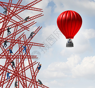 新的战略独立的思想家符号新的创新思维领导个,群人混乱的方向上攀登梯子,队员工个红色的气球上朝个明确的图片