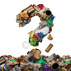回收垃圾问题可重复用的废物管理解决方案混淆,如旧的纸璃金属塑料家居产品,问号,象征着材料的环境保护图片