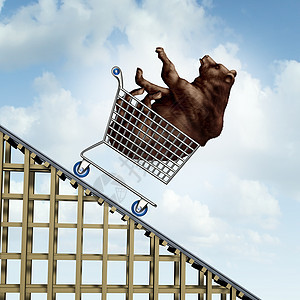 股票市场下跌金融危机购物车中的熊,过山车结构中下跌,投资隐喻交易股票策略中消极保守情绪的象征图片