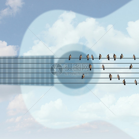 户外音乐会种露天音乐表演符号,天空中吉他形状,六根电线上鸟,爵士布鲁斯滚乡村的夏季庆祝节日图片