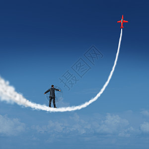 跟随你的梦想动机符号,个商人条由喷气式飞机创造的烟雾小径上向上行走,梦想渴望成长成功的图标背景图片