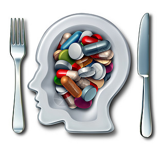 脑药神经科学医学种餐盘,刀叉形状为人头,药物为药丸,胶囊为智能药物,心理健康标志,用于新神经学治疗的研究图片