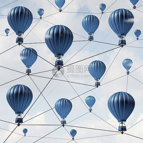 网络连接成功社区社交媒体链接蓝色热气球连接的线链符号的通信技术图片