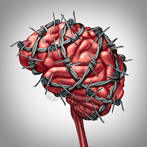 脑痛医学保健种人类思维器官,用铁丝网锋利的铁丝网包围解剖,痛苦的炎症疾病偏头痛头痛痛苦的象征背景图片