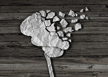 痴呆脑损伤损伤种心理健康神经学医学符号,用皱巴巴的纸片撕成碎片制成的思考人体器官,阿尔茨海默病的个创造图片