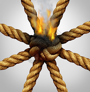 商业队危机集问题的象征伙伴关系的麻烦,就像绳子绑,没被火烧掉,挑战企业崩溃的危险的隐喻图片