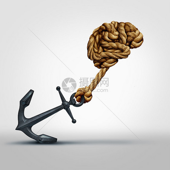 大脑力量绳索,形状为人类思维器官,拉着个沉重的锚,认知功能的象征,并教育学锻炼来增强头脑图片