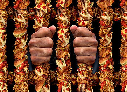 垃圾食品成瘾吃健康的生活方式的与围裙酒吧形状的炸鸡汉堡热狗加工肉制品炸薯条,个象征,被糖脂肪盐困住的危险图片